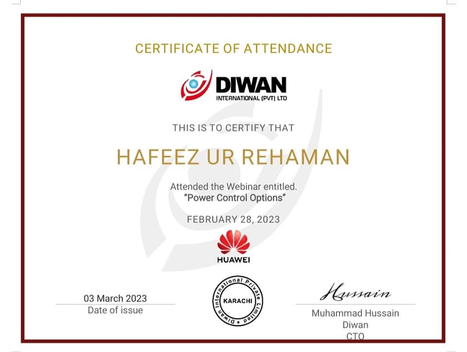 Certificate of Attendance – Power Control Options