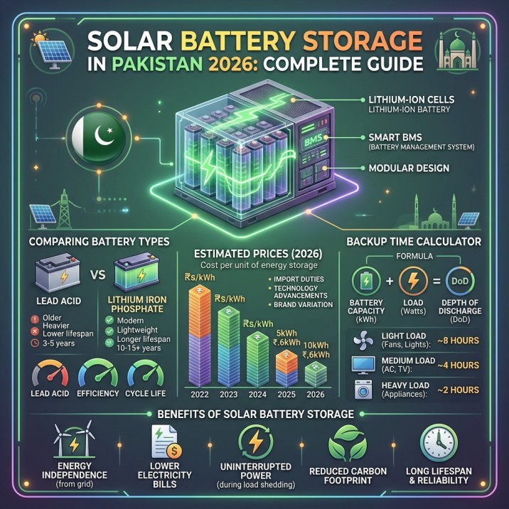Solar Battery Storage in Pakistan 2026 – Complete Guide to Lithium Batteries, Prices, Backup Time & Benefits