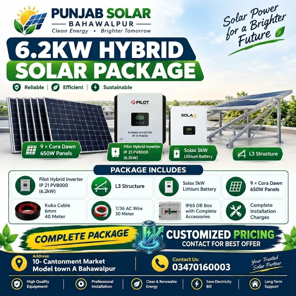 6.2kW Hybrid Solar System Package in Pakistan – Pilot Inverter, Cora Dawn Solar Panels & Solax Lithium Battery